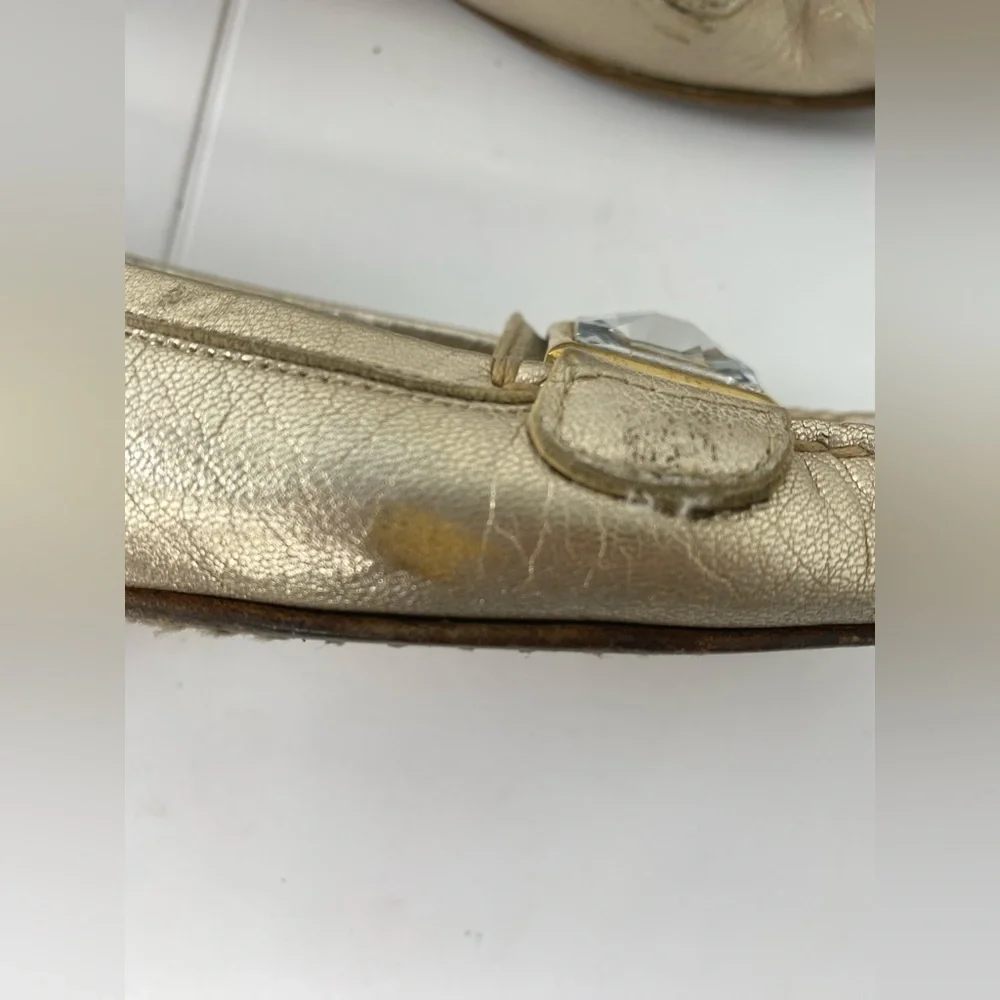 Stuart Weiztman Gold Metallic Womens Loafers w Decorative Crystal Hardware